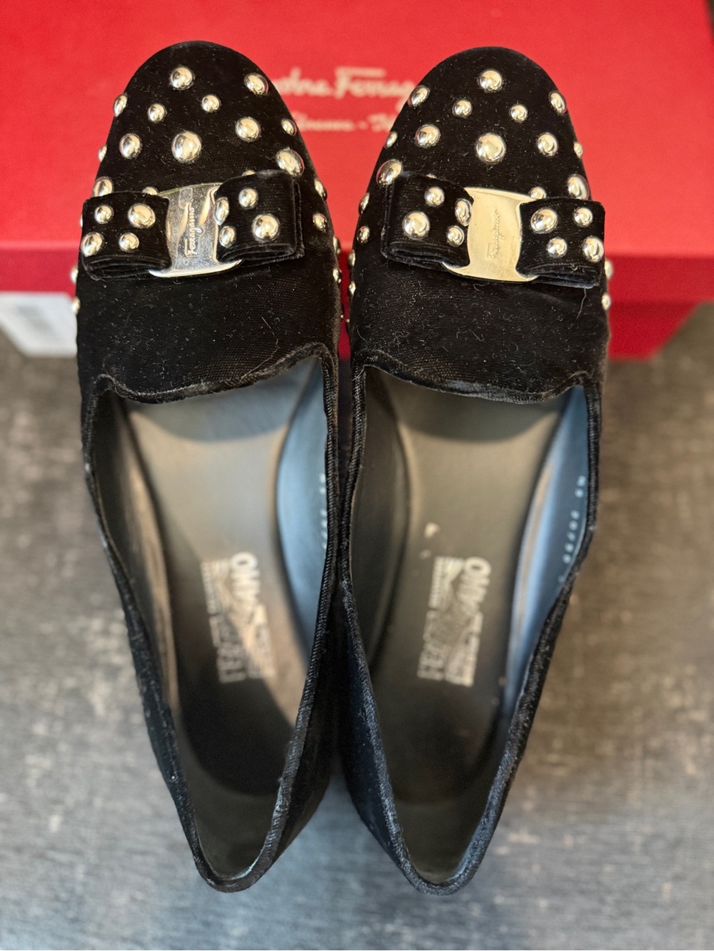 Salvatore Ferragamo Black Velvet Studded Bow Flats with Metallic Logo